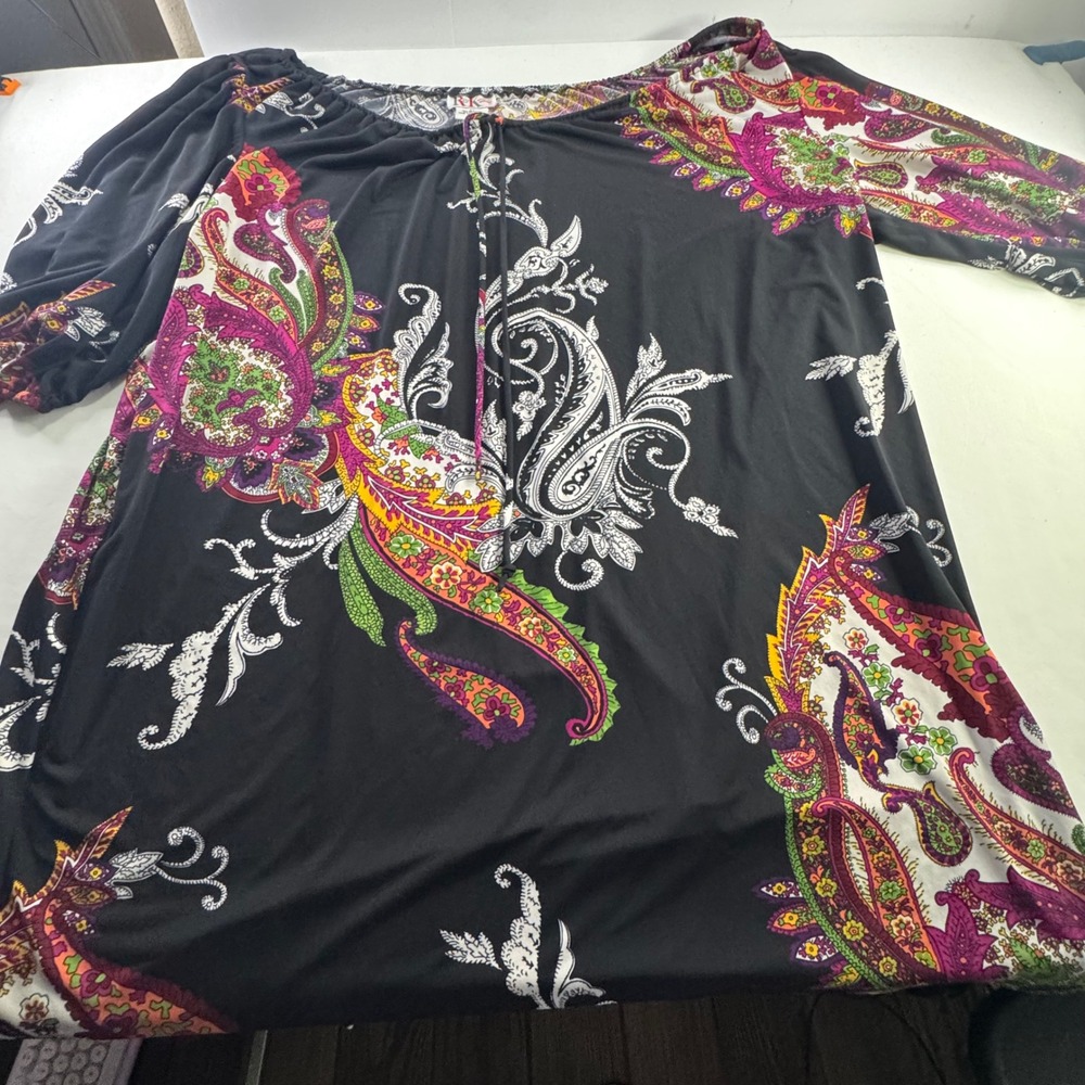 R&K Originals Woman Paisley Tunic Top 3X Black Multi Color 3/4 Sleeve Blouse